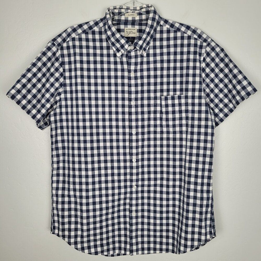 J. Crew Button Down Shirt Short Sleeve Classic Cotton Gingham Blue White Size L